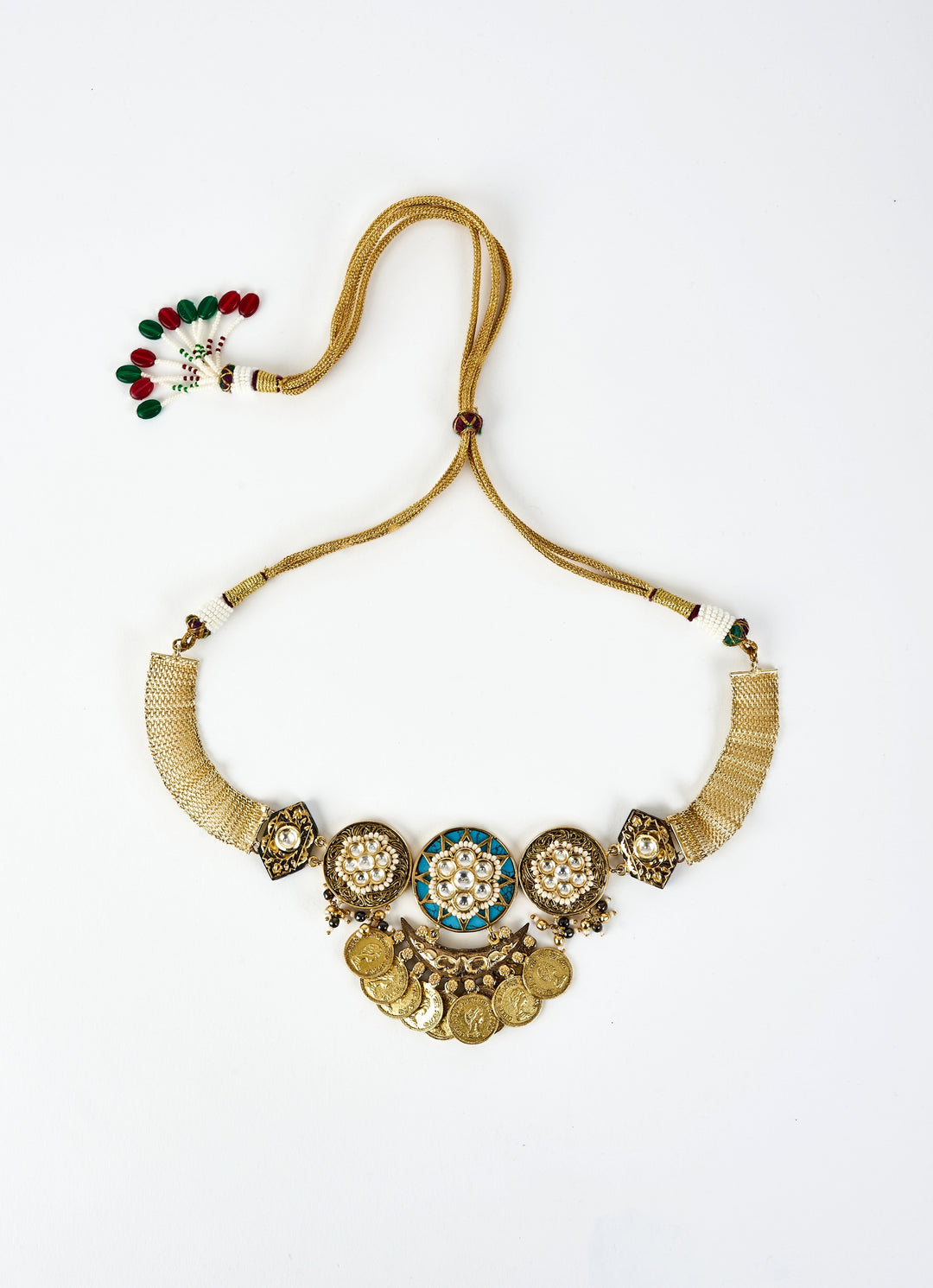 Gold Plated Green Kundan And Coin Choker Necklace Set