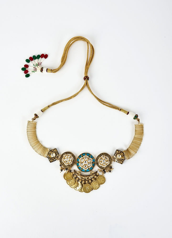 Gold Plated Green Kundan And Coin Choker Necklace Set