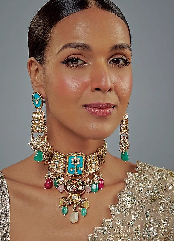 Gold Plated Multi Kundan Choker Necklace Set