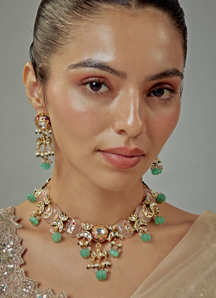 Gold Plated Green Kundan Short Necklace Set