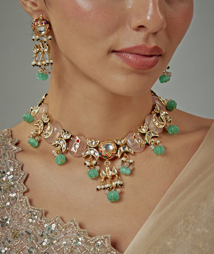 Gold Plated Green Kundan Short Necklace Set