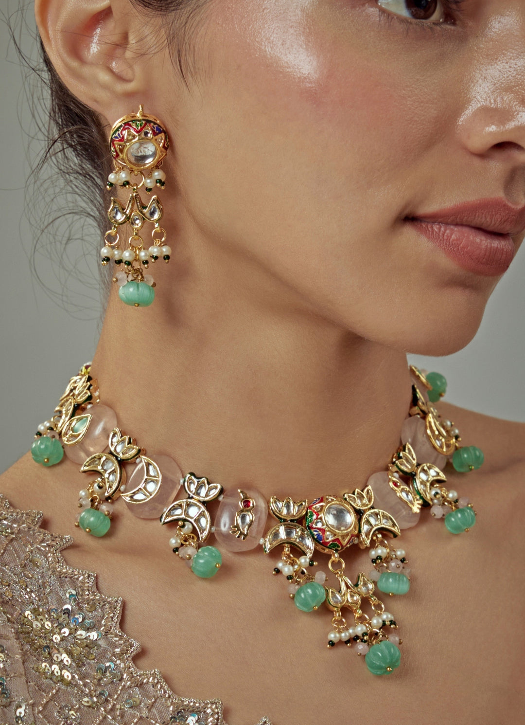 Gold Plated Green Kundan Short Necklace Set