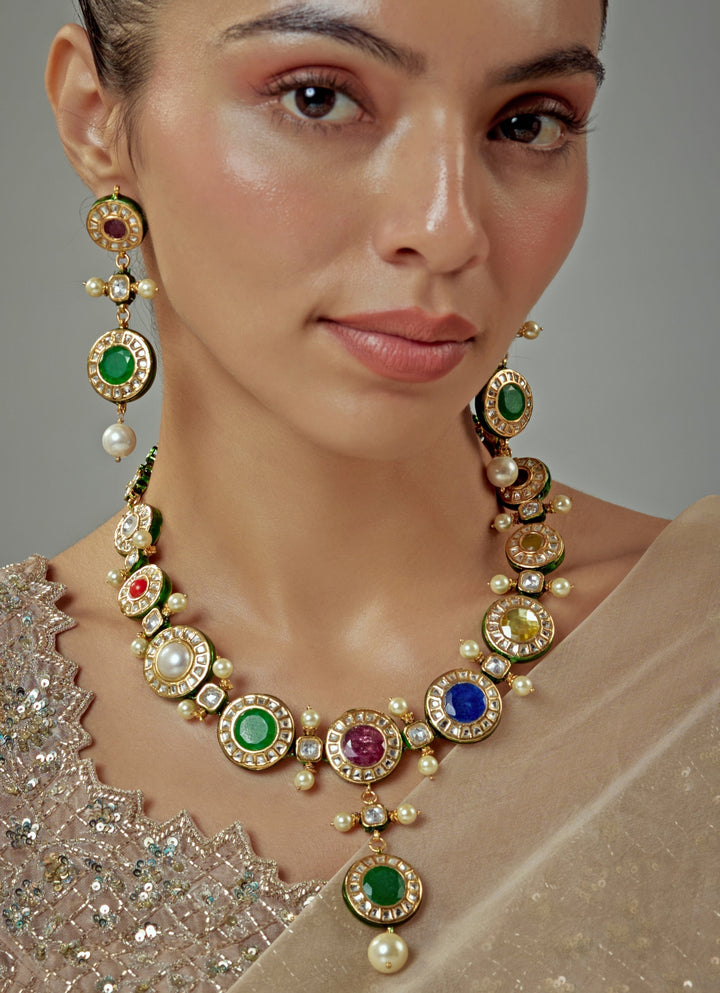 Gold Plated Multi Kundan Short Necklace Set With Pearl Drop