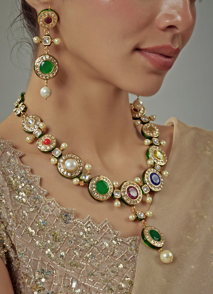 Gold Plated Multi Kundan Short Necklace Set With Pearl Drop