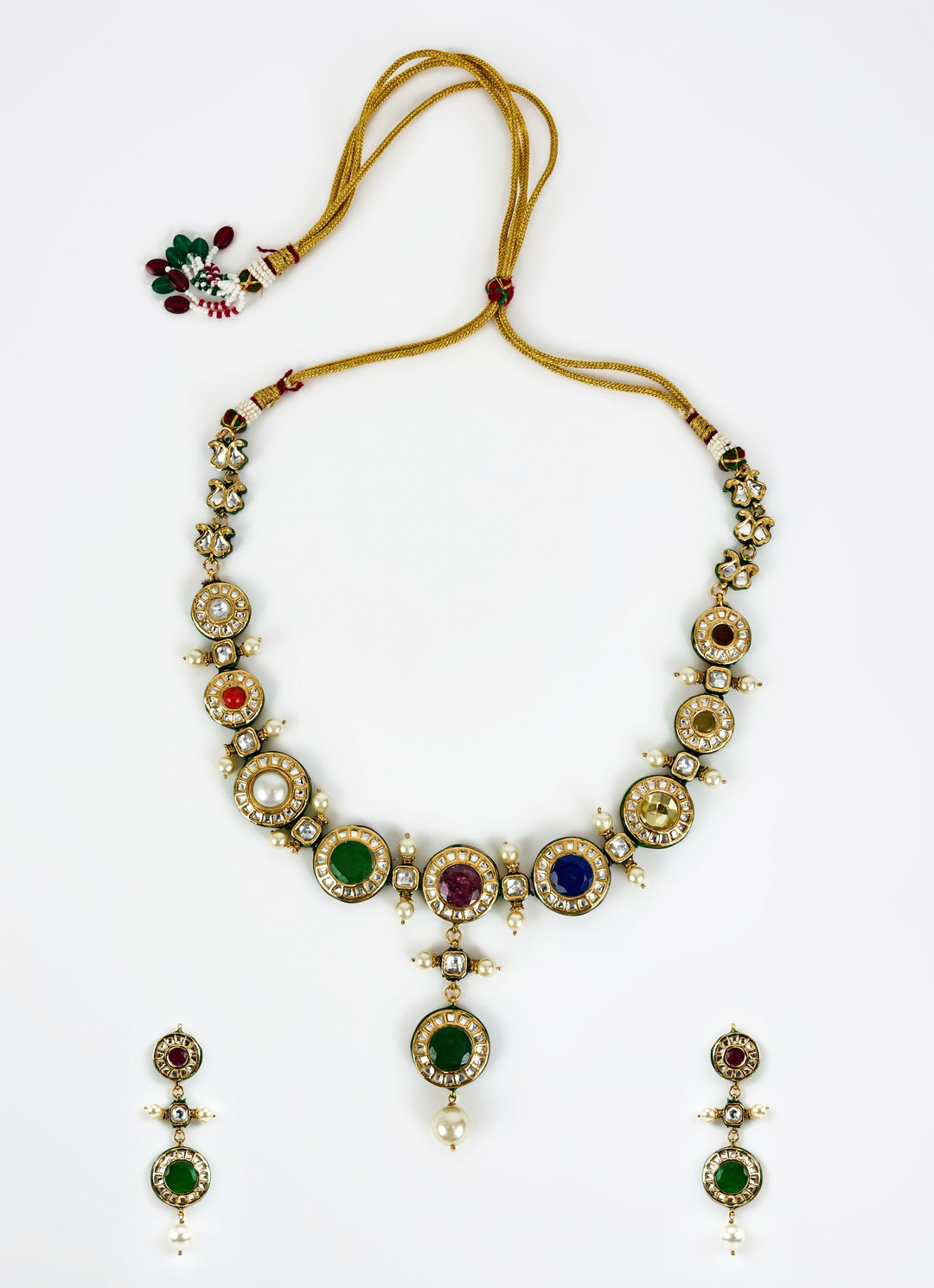 Gold Plated Multi Kundan Short Necklace Set With Pearl Drop