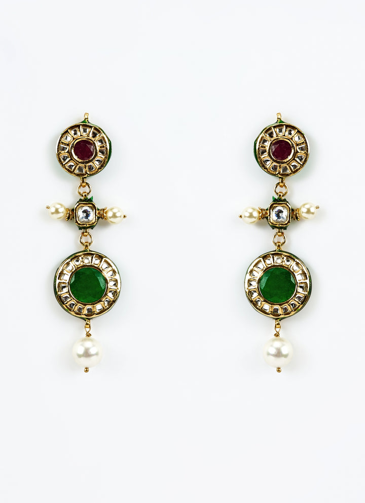 Gold Plated Multi Kundan Short Necklace Set With Pearl Drop