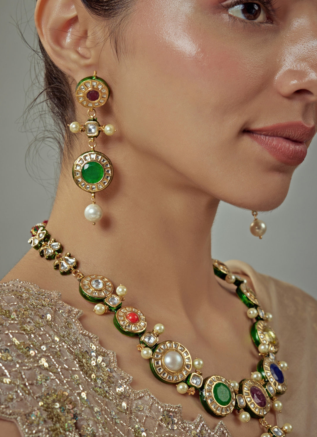 Gold Plated Multi Kundan Short Necklace Set With Pearl Drop