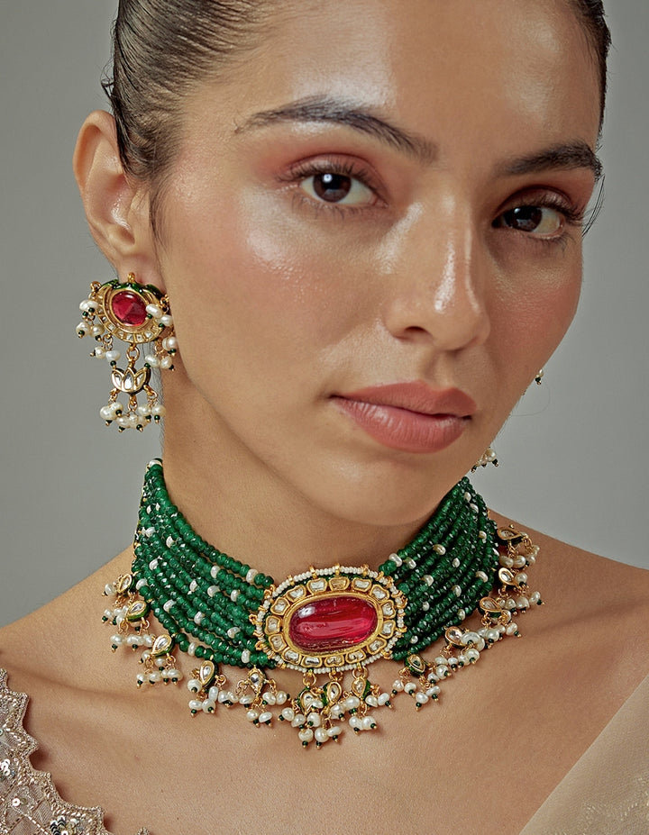 Gold Plated Green And Red Beaded Choker Necklace Set