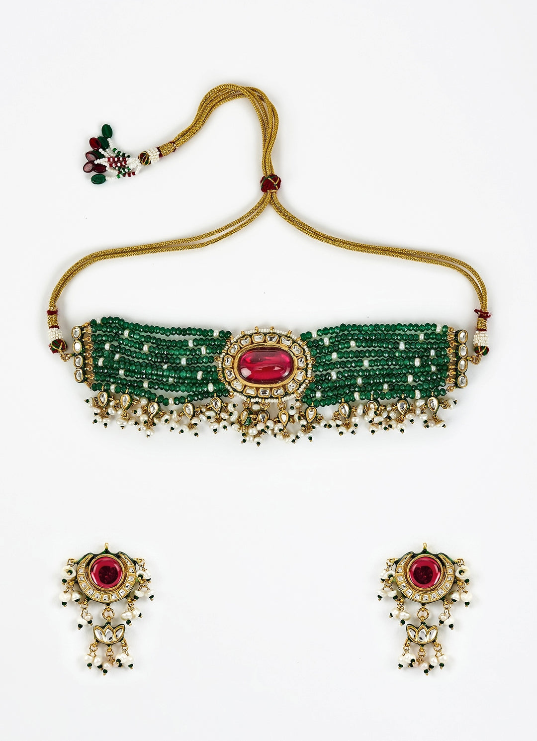 Gold Plated Green And Red Beaded Choker Necklace Set