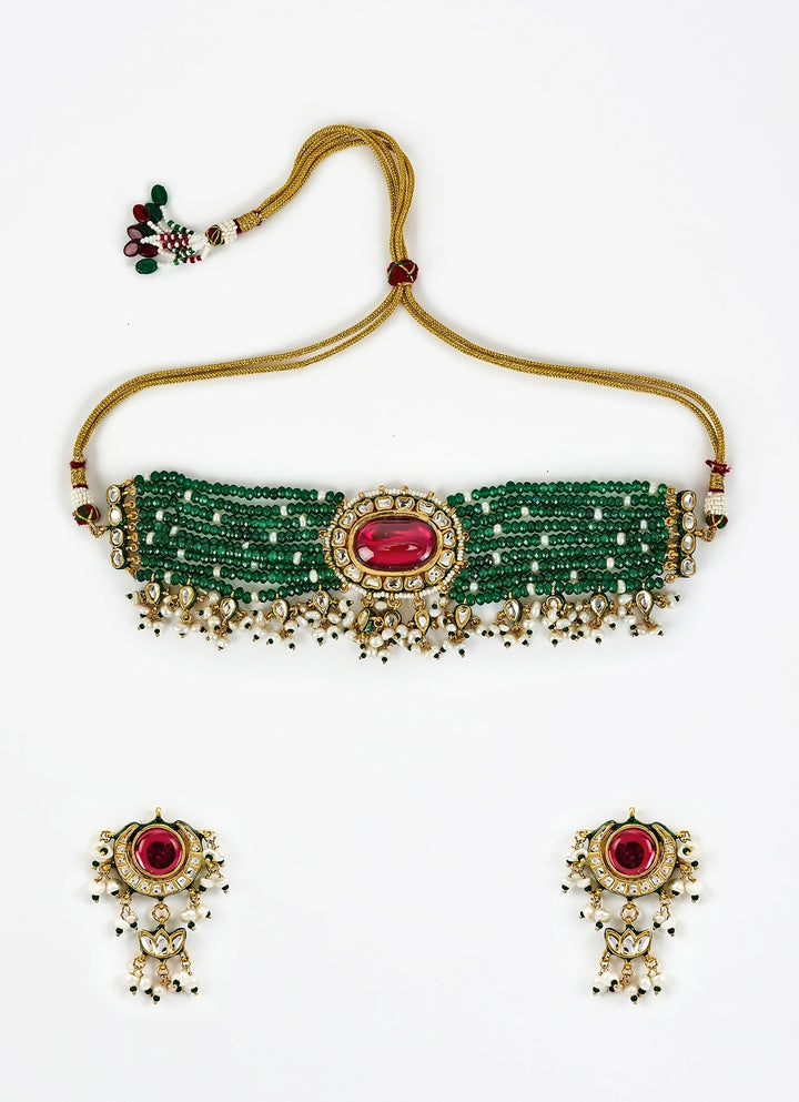 Gold Plated Green And Red Beaded Choker Necklace Set