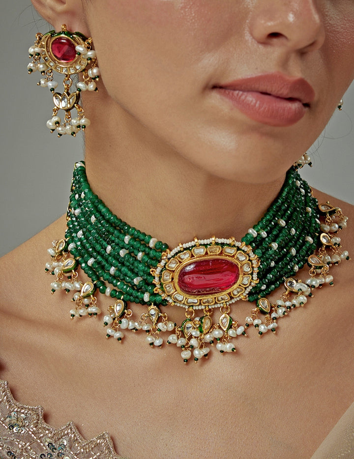 Gold Plated Green And Red Beaded Choker Necklace Set