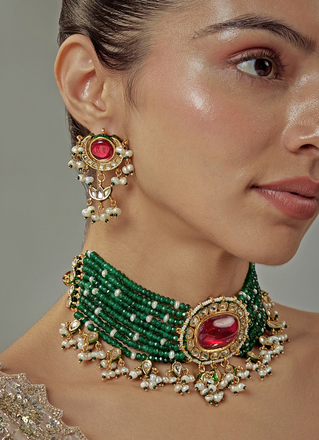 Gold Plated Green And Red Beaded Choker Necklace Set