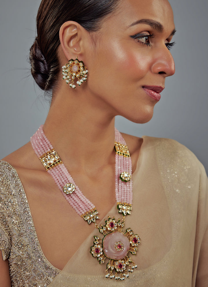 Gold Plated Pink Beaded Long Necklace Set