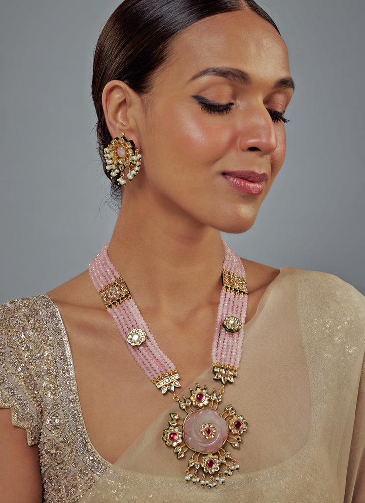 Gold Plated Pink Beaded Long Necklace Set