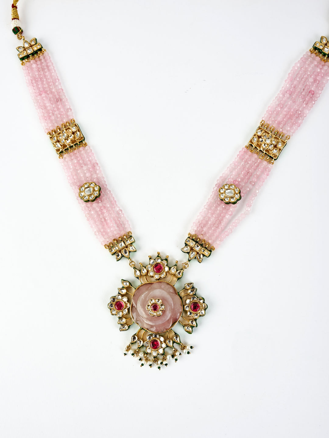 Gold Plated Pink Beaded Long Necklace Set