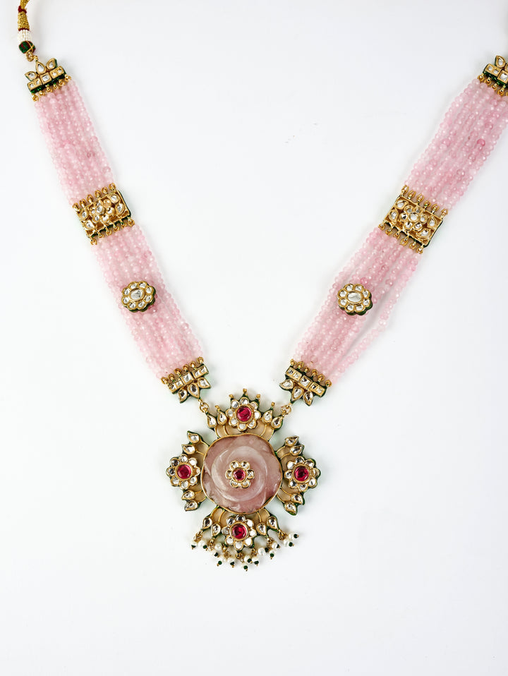 Gold Plated Pink Beaded Long Necklace Set