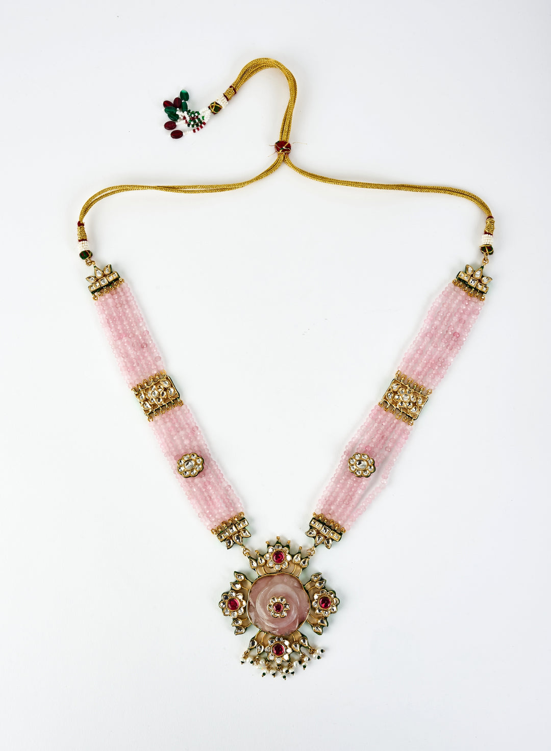Gold Plated Pink Beaded Long Necklace Set