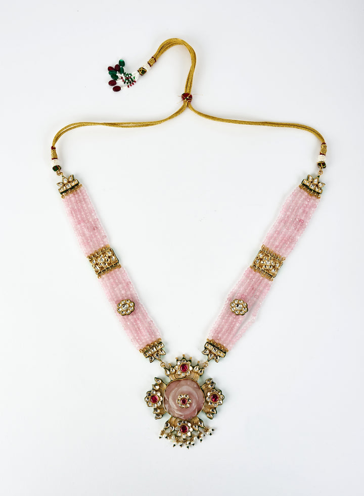Gold Plated Pink Beaded Long Necklace Set