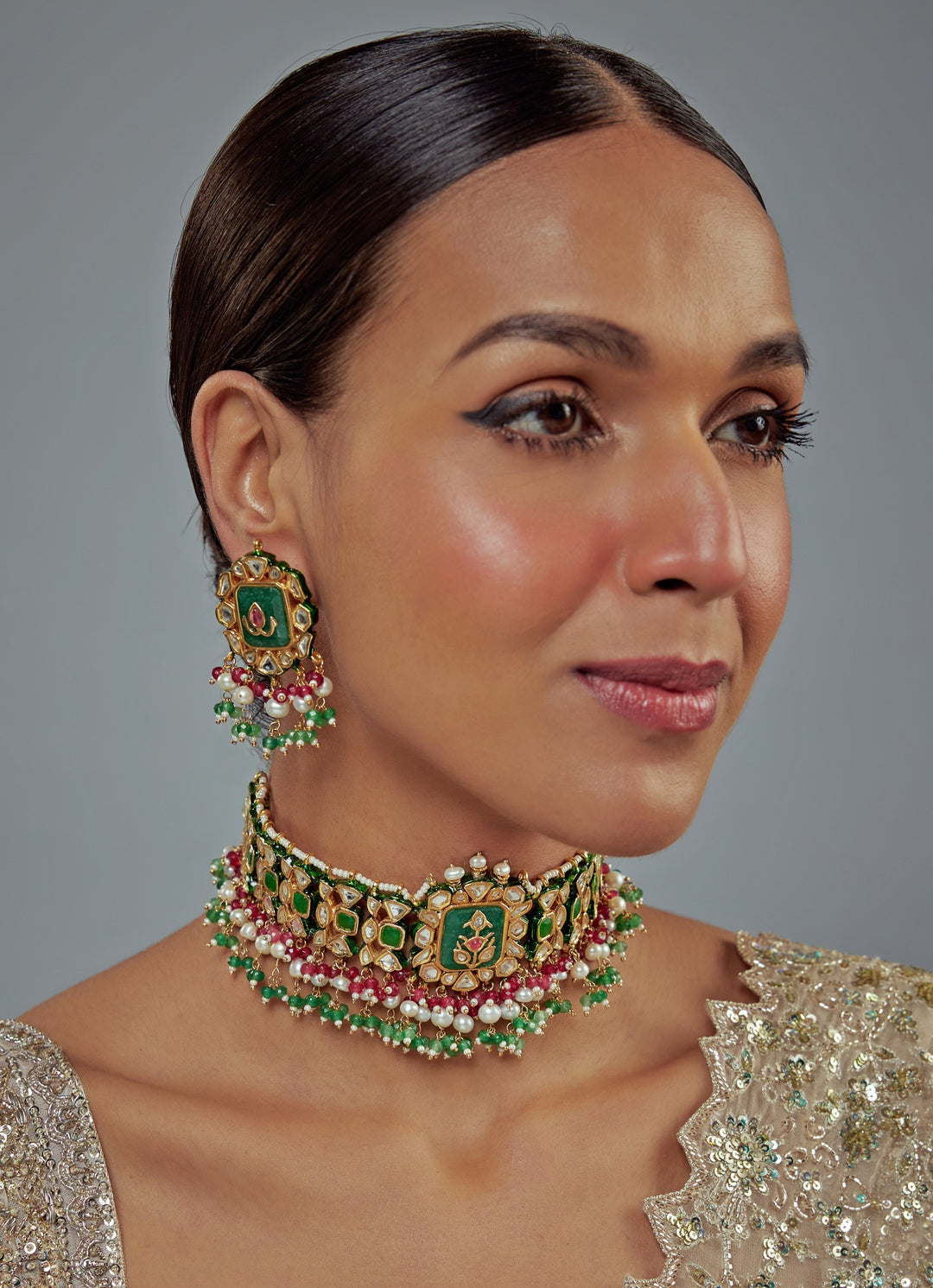 Gold Plated Green And Red Kundan Choker Necklace Set