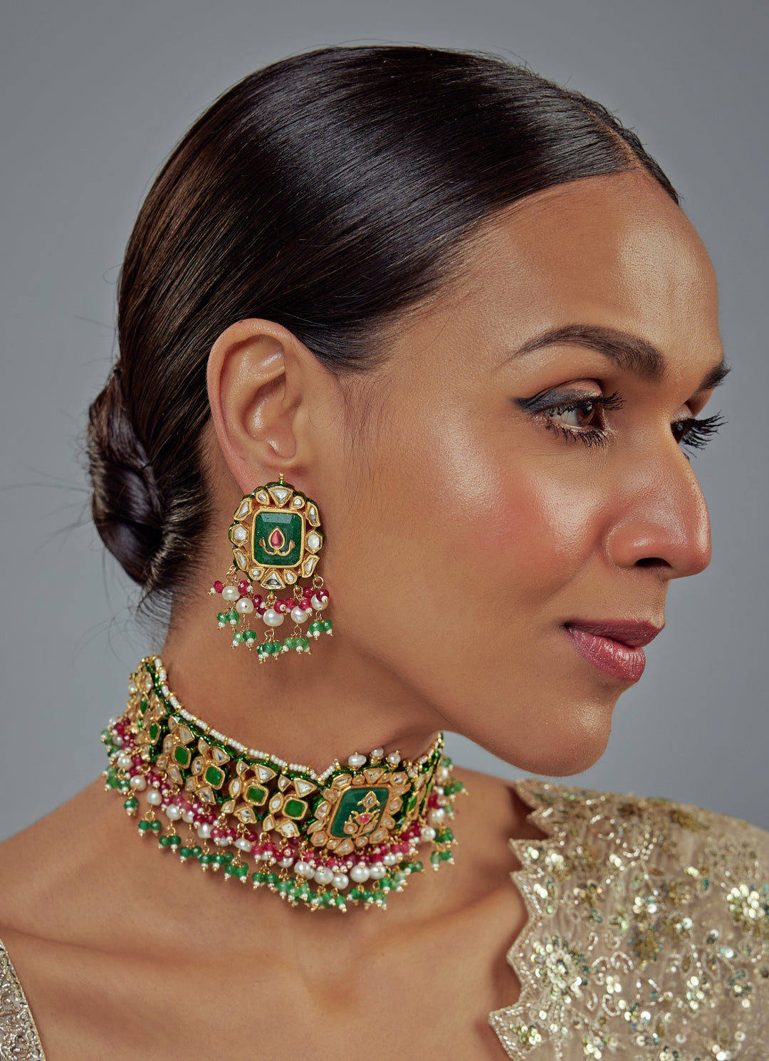Gold Plated Green And Red Kundan Choker Necklace Set