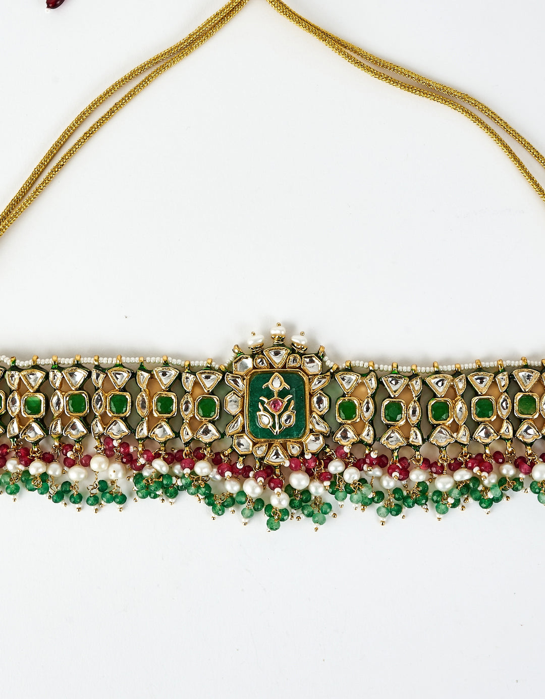Gold Plated Green And Red Kundan Choker Necklace Set