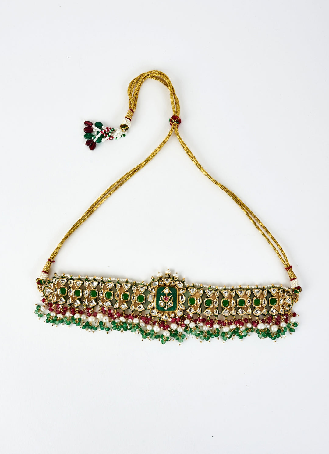 Gold Plated Green And Red Kundan Choker Necklace Set