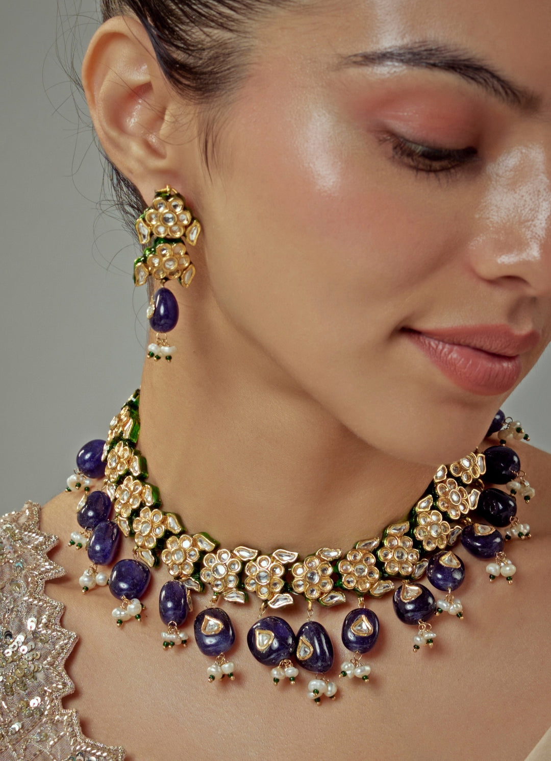 Gold Plated Blue Kundan Choker Necklace Set