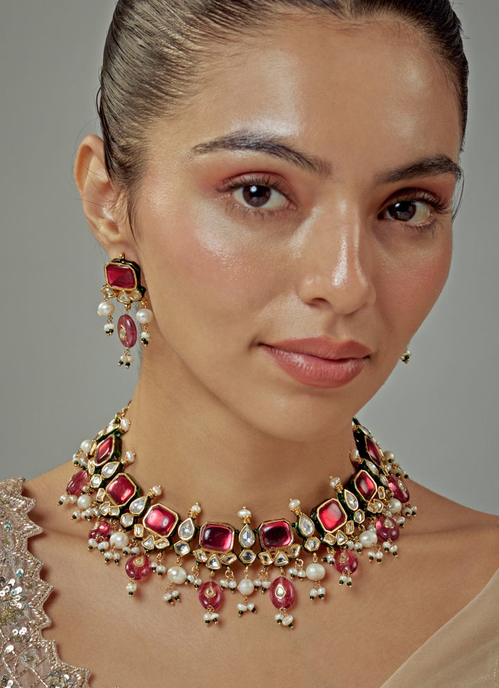Gold Plated Red Kundan And Polki Necklace Set