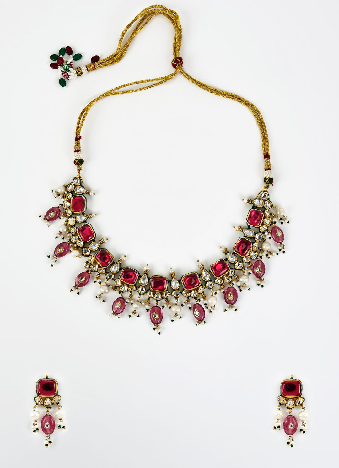 Gold Plated Red Kundan And Polki Necklace Set