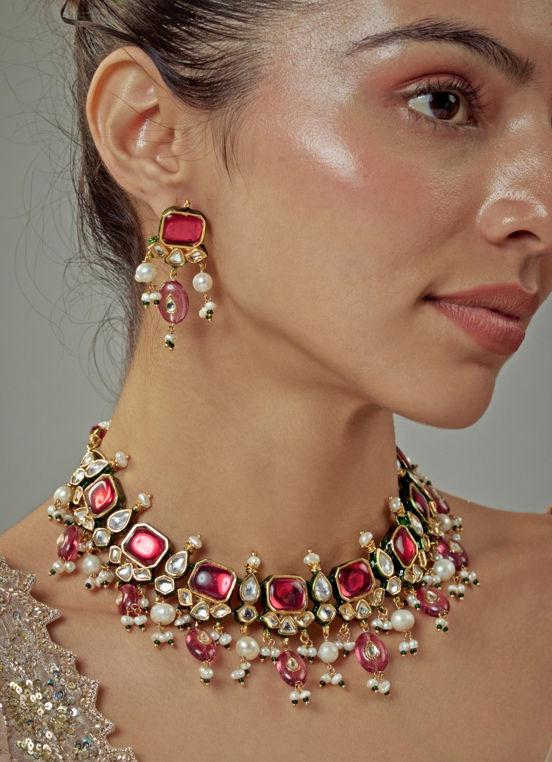 Gold Plated Red Kundan And Polki Necklace Set