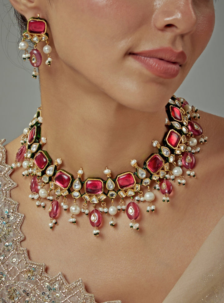 Gold Plated Red Kundan And Polki Necklace Set