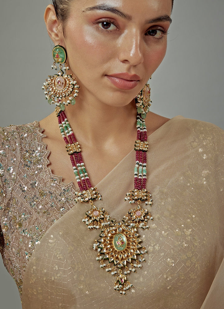 Gold Plated Maroon Beaded Long Necklace Set