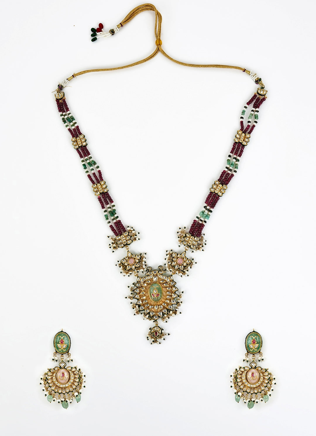 Gold Plated Maroon Beaded Long Necklace Set