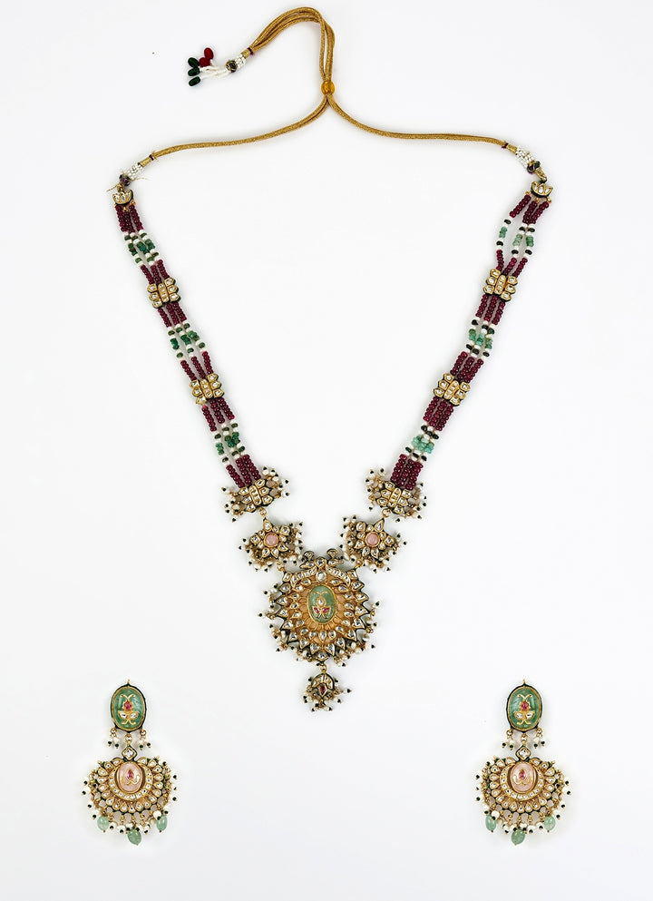 Gold Plated Maroon Beaded Long Necklace Set