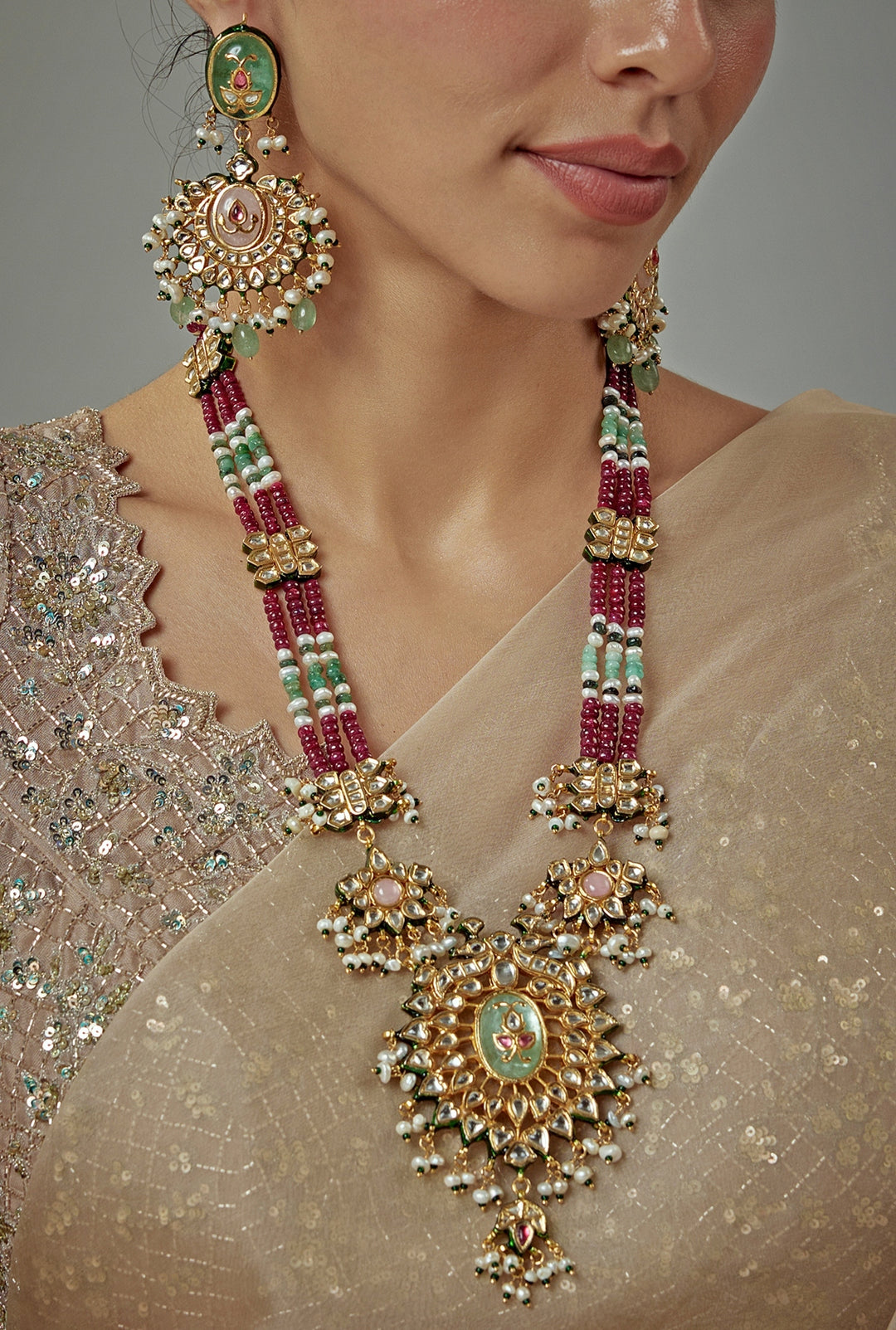Gold Plated Maroon Beaded Long Necklace Set