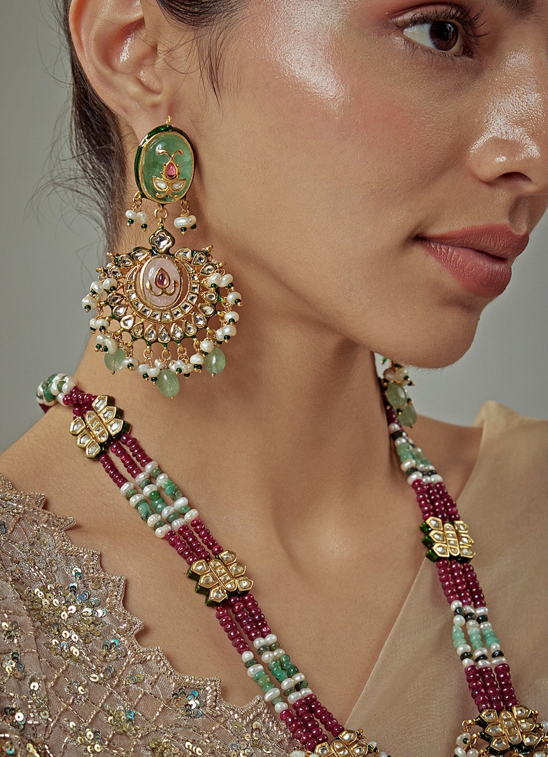 Gold Plated Maroon Beaded Long Necklace Set