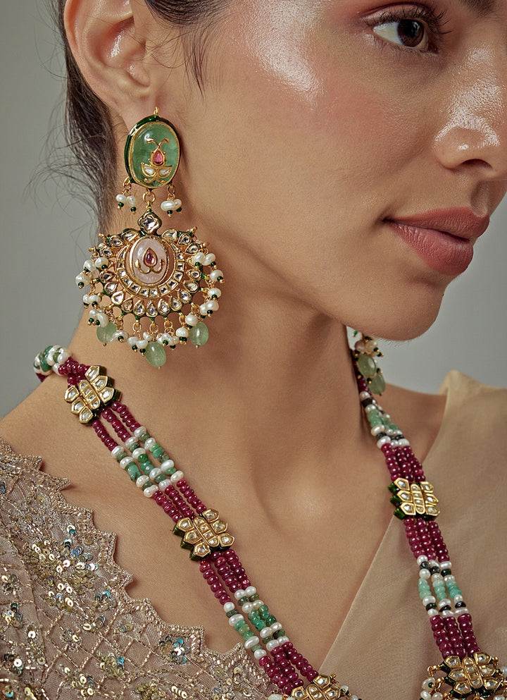 Gold Plated Maroon Beaded Long Necklace Set