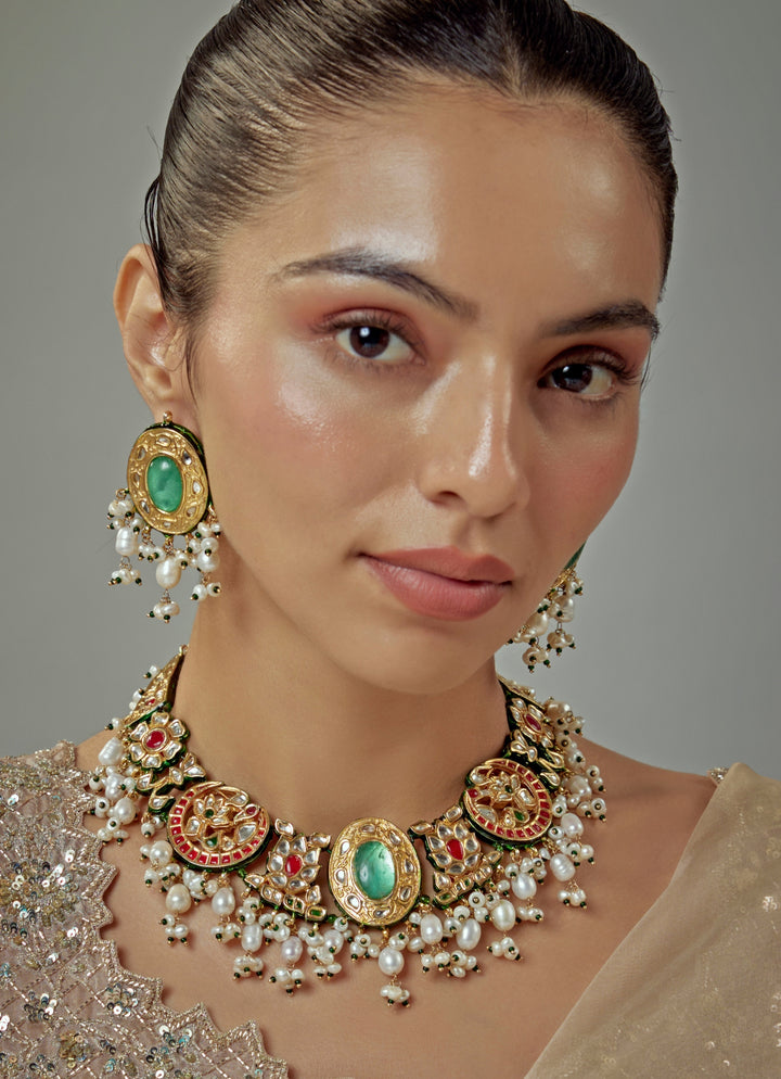 Gold Plated Green Kundan And Polki Choker Necklace Set
