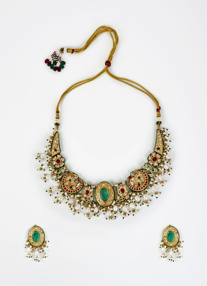 Gold Plated Green Kundan And Polki Choker Necklace Set