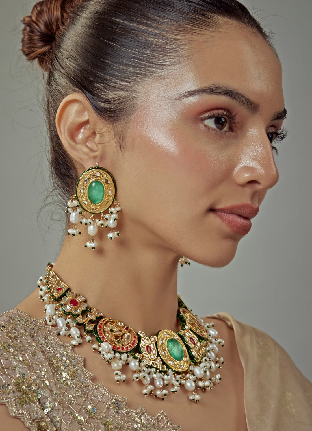 Gold Plated Green Kundan And Polki Choker Necklace Set