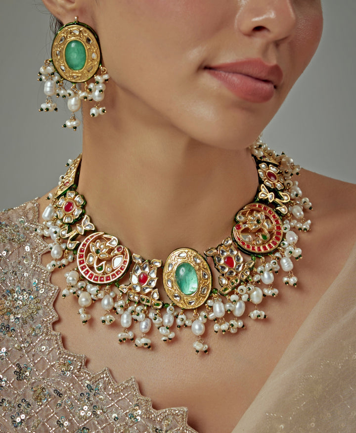 Gold Plated Green Kundan And Polki Choker Necklace Set