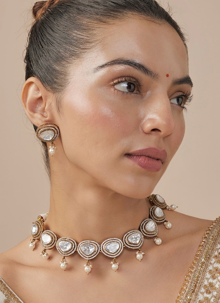 Gold Plated Kundan And Pearl Necklace Set