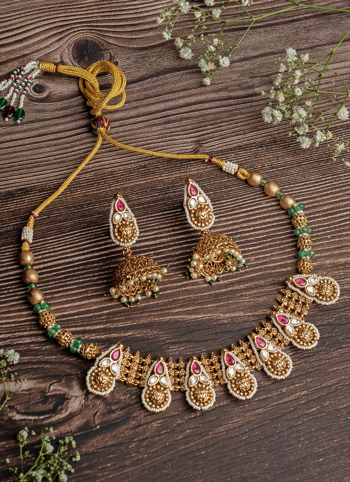 Gold Plated Pink And Green Stone Choker Necklace Set