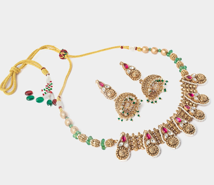 Gold Plated Pink And Green Stone Choker Necklace Set