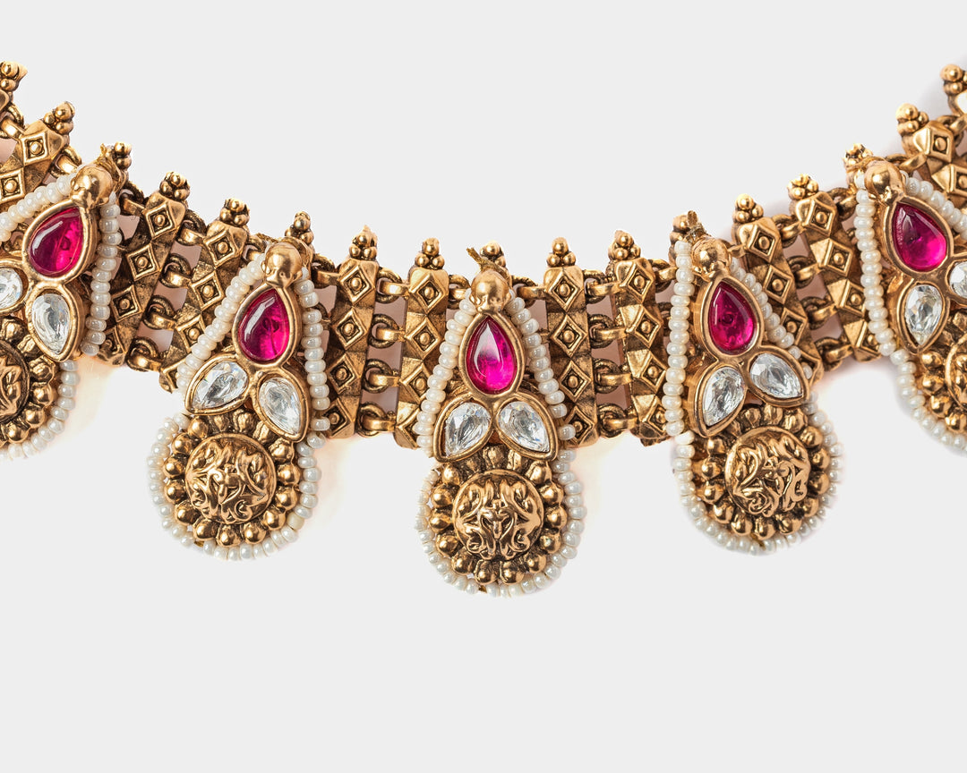 Gold Plated Pink And Green Stone Choker Necklace Set