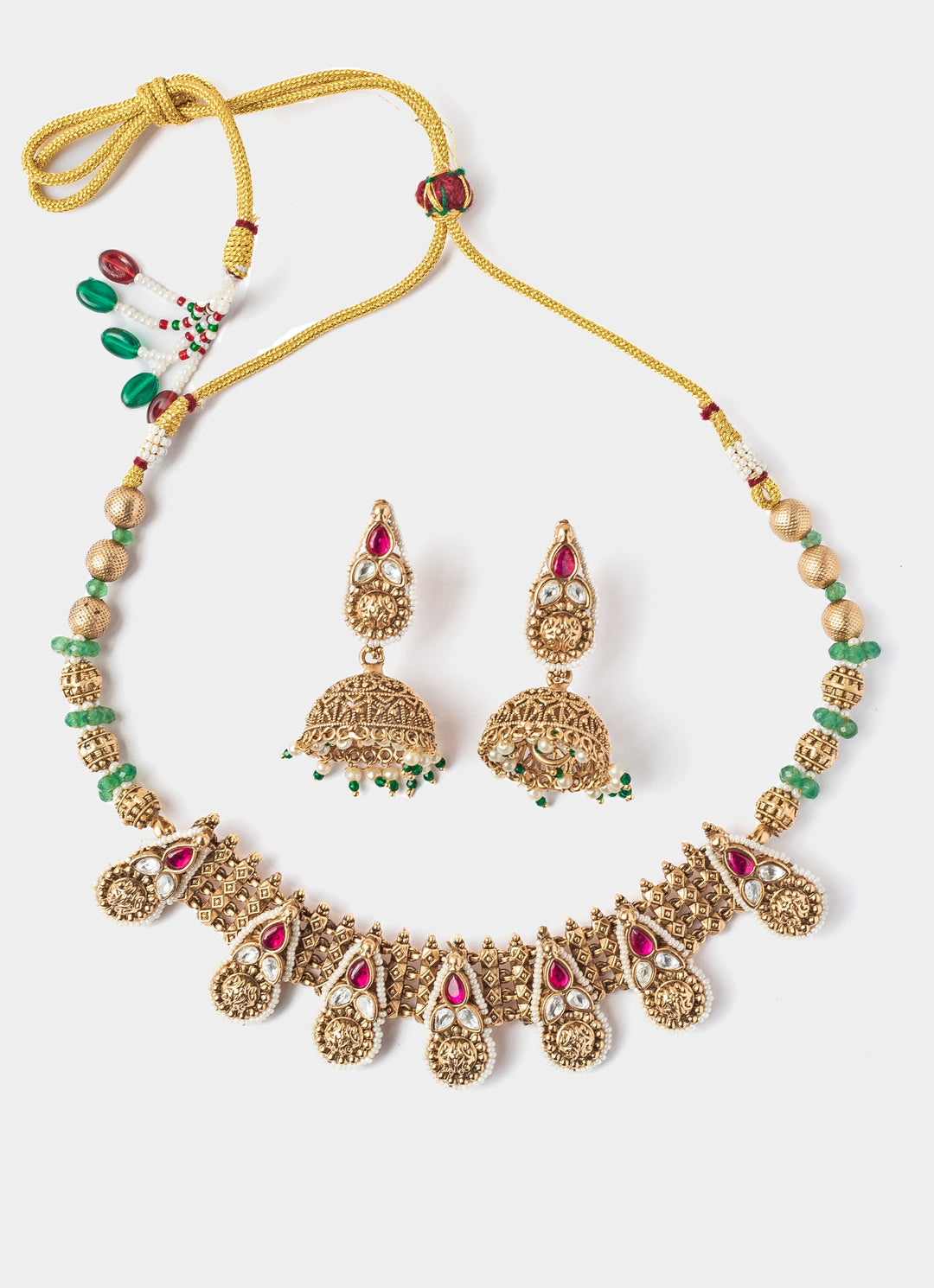 Gold Plated Pink And Green Stone Choker Necklace Set