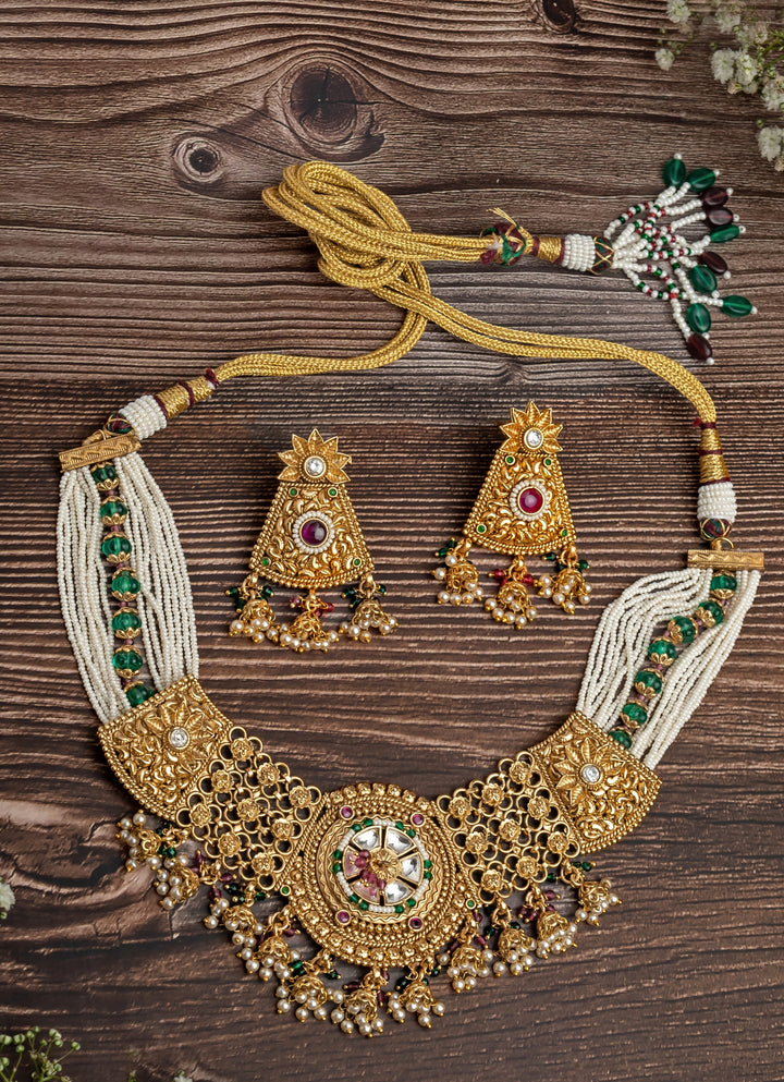 Gold Plated White And Green Beaded Choker Necklace Set