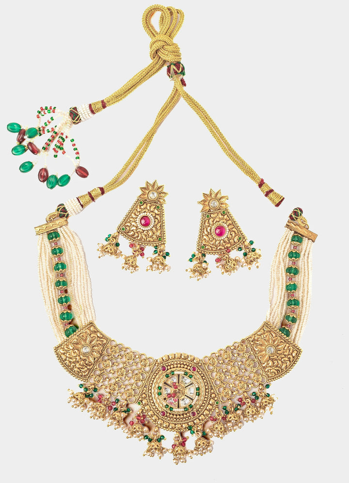 Gold Plated White And Green Beaded Choker Necklace Set