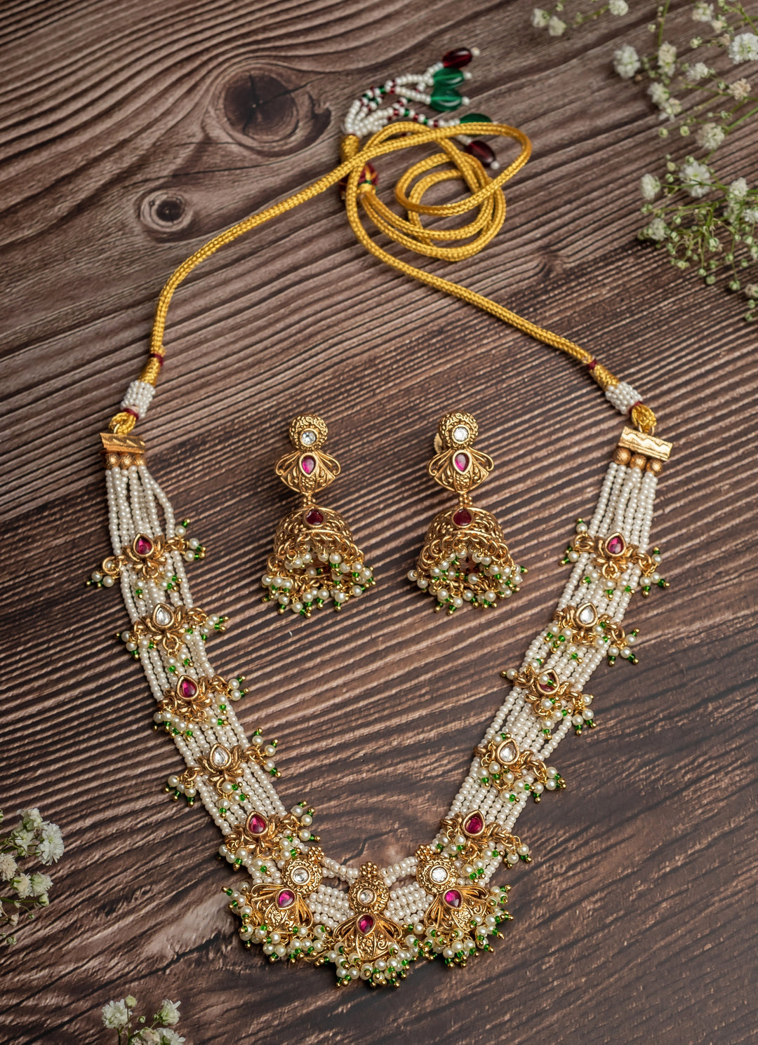 Gold Plated White And Multi Stone Choker Necklace Set With Jhumkas