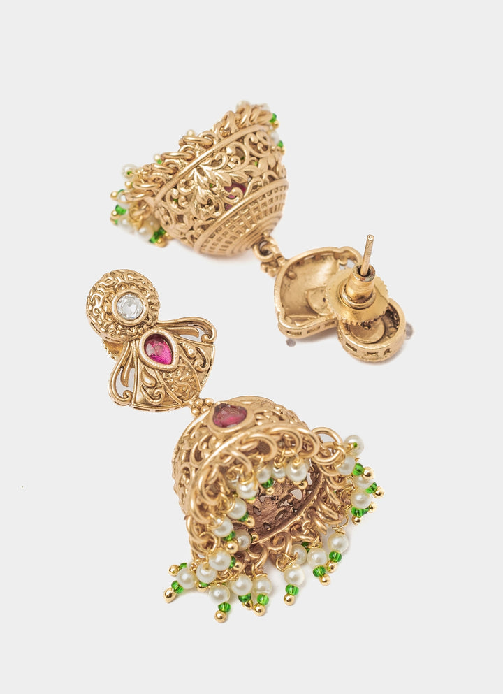 Gold Plated White And Multi Stone Choker Necklace Set With Jhumkas